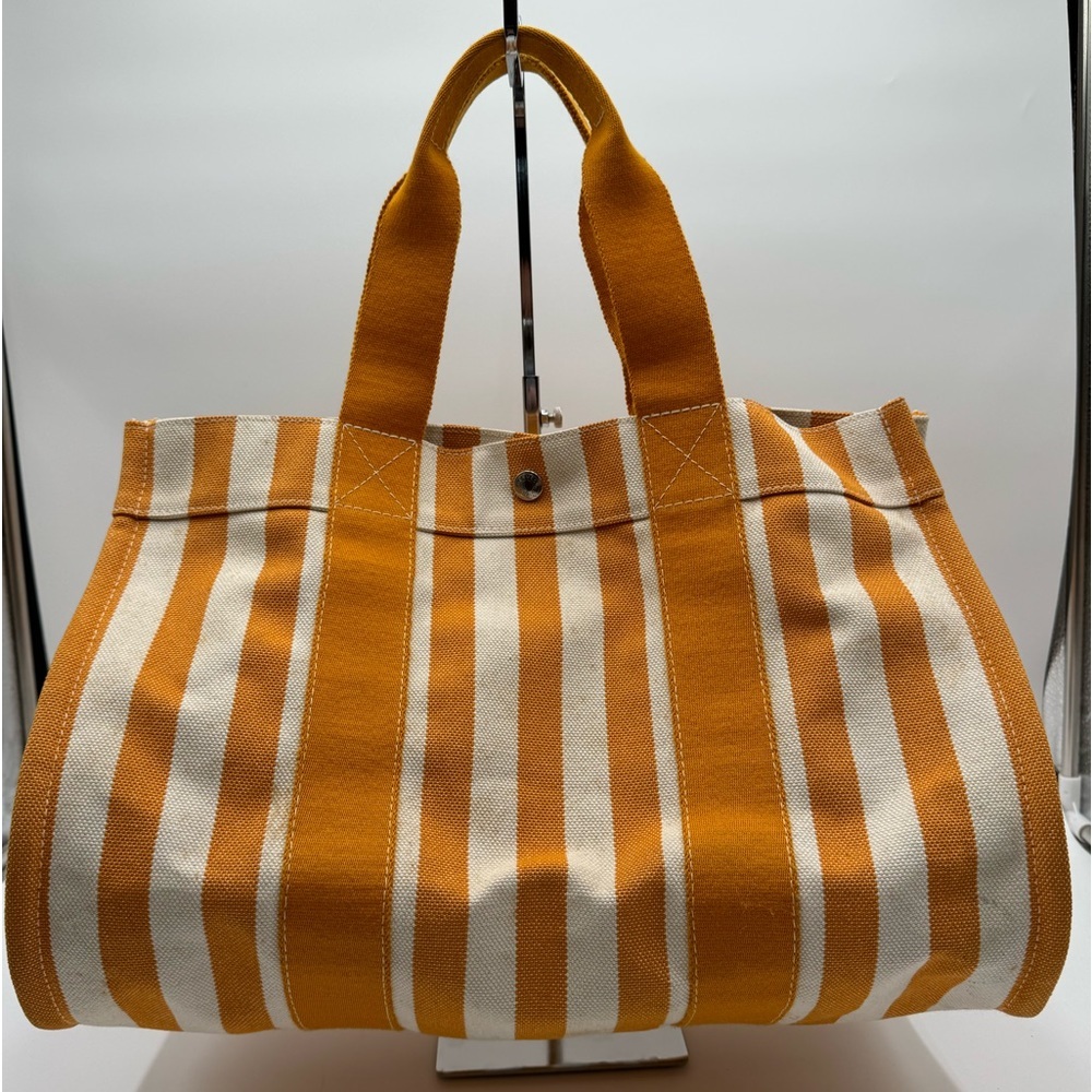 Hermes-Authentic- Yellow  / White Stripe Cannes Tote Bag  with Pouch - Picture 2 of 14